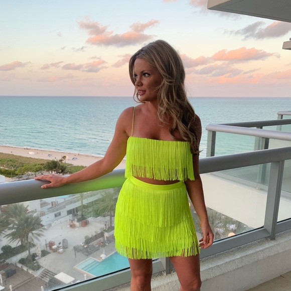 Meshki Dresses & Skirts - Meshki neon yellow fringe two piece set